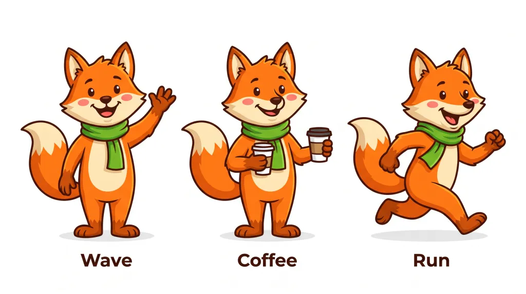 AI-generated fox mascot character sheet in three poses
