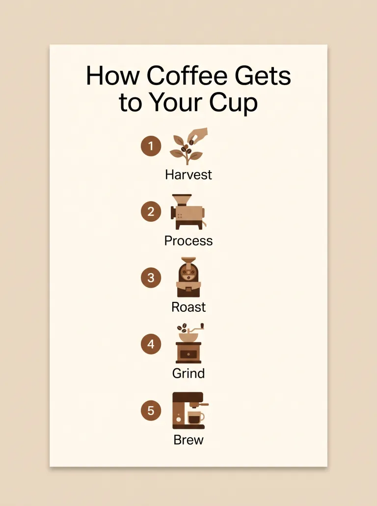 AI-generated coffee process infographic with five labelled steps