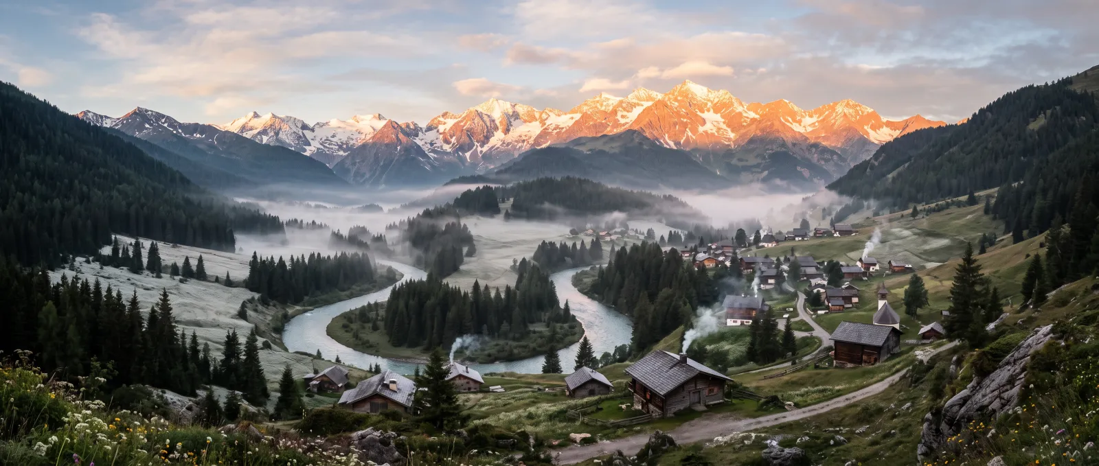Ultra-wide AI-generated panorama of a misty alpine valley at sunrise