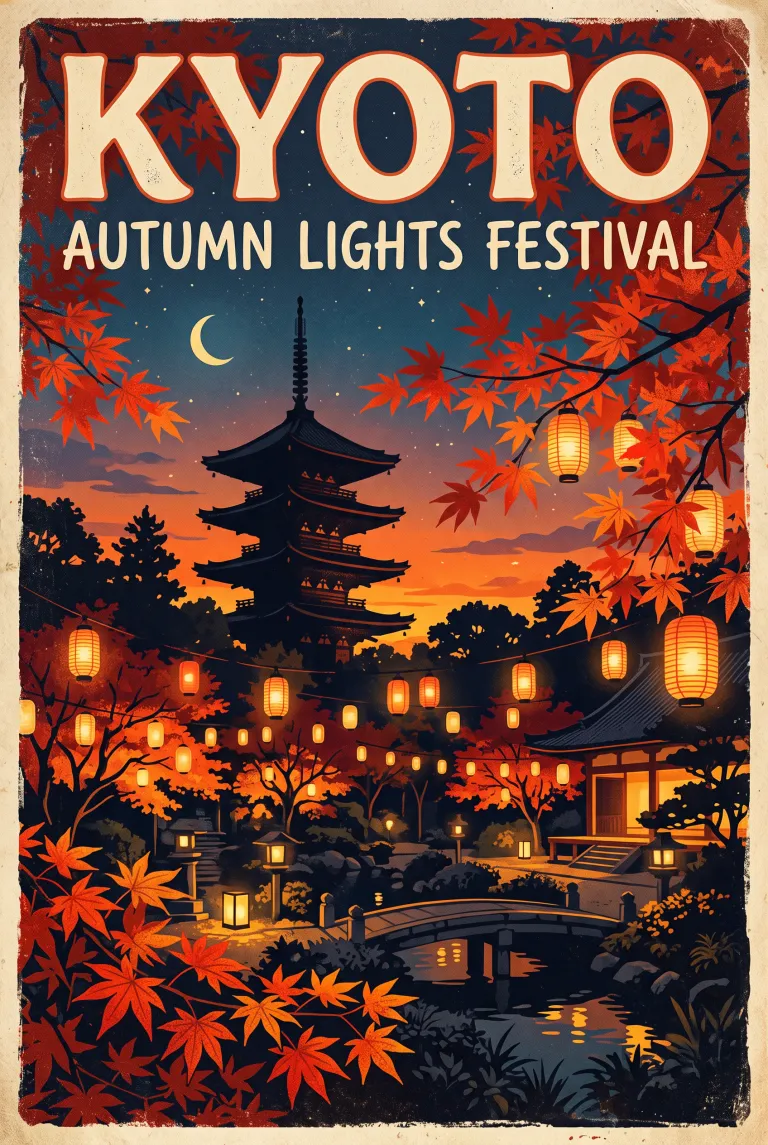 AI-generated retro Kyoto travel poster with bold typography